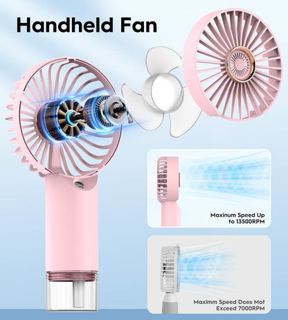 Portable Personal Misting Fan, Handheld Rechargeable Cooling Fan, 3-Speed, Suitable for Travel, Beach and Office Use Pink