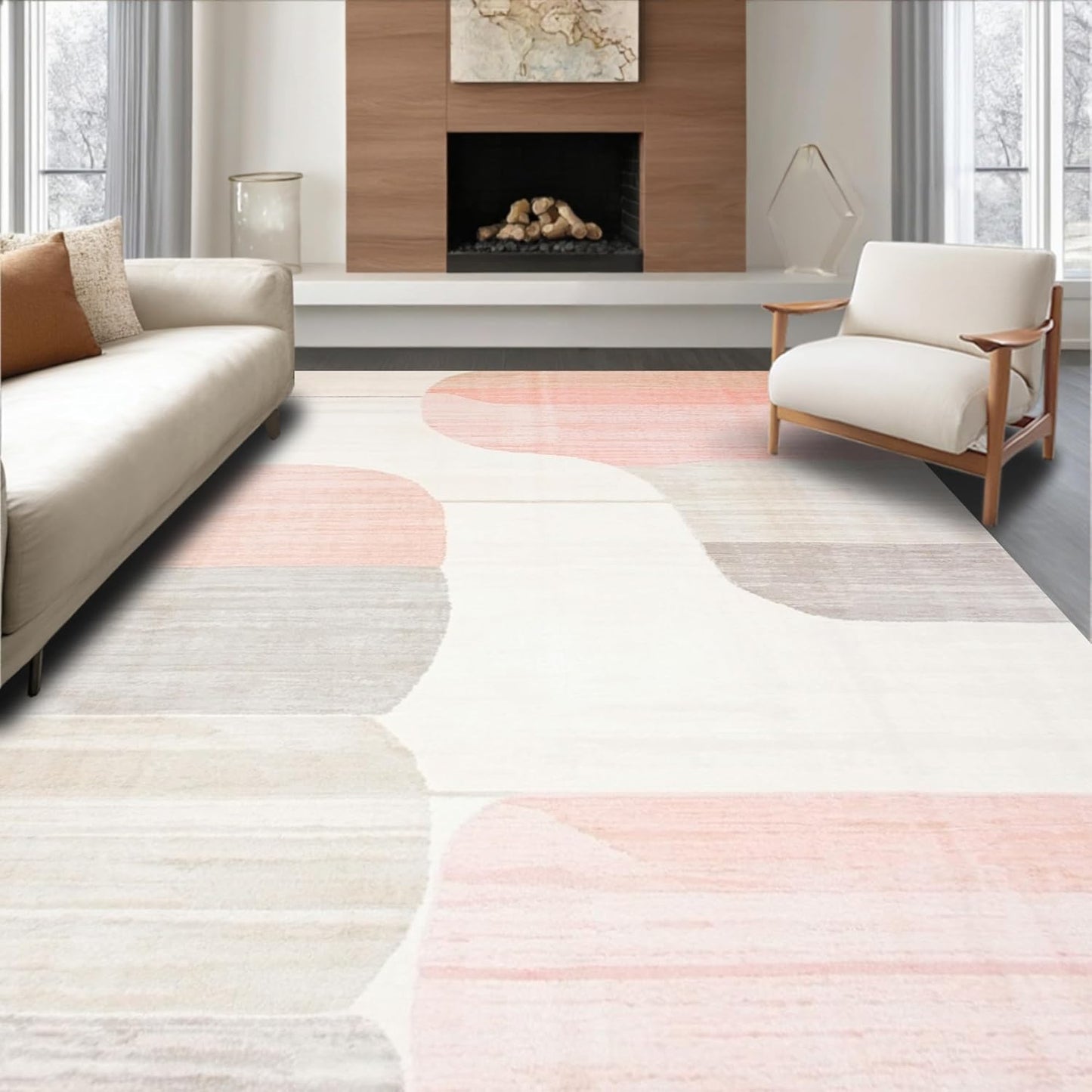 Flatwoven High Traffic Area Rug 4x6, Ivory Pink Abstract, Non Slip, Stain Resistant, Washable Area Rugs for Living Room, Bedroom (Peach, 4x6)