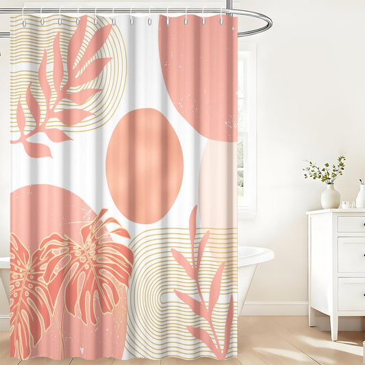 White and Peach Shower Curtain Mid Century Modern Coral Boho Shower Curtains for Girls Bathroom Decor Abstract Geometric Minimalist Waterproof Fabric Bath Curtain Set with Hooks,65x72inch