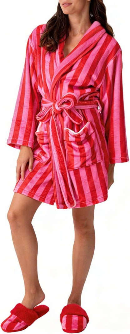 Christmas Fuzzy Fleece Robes for Women Cozy Plush Bathrobe Shawl Collar Warm Winter Short Robes with Belt Pockets