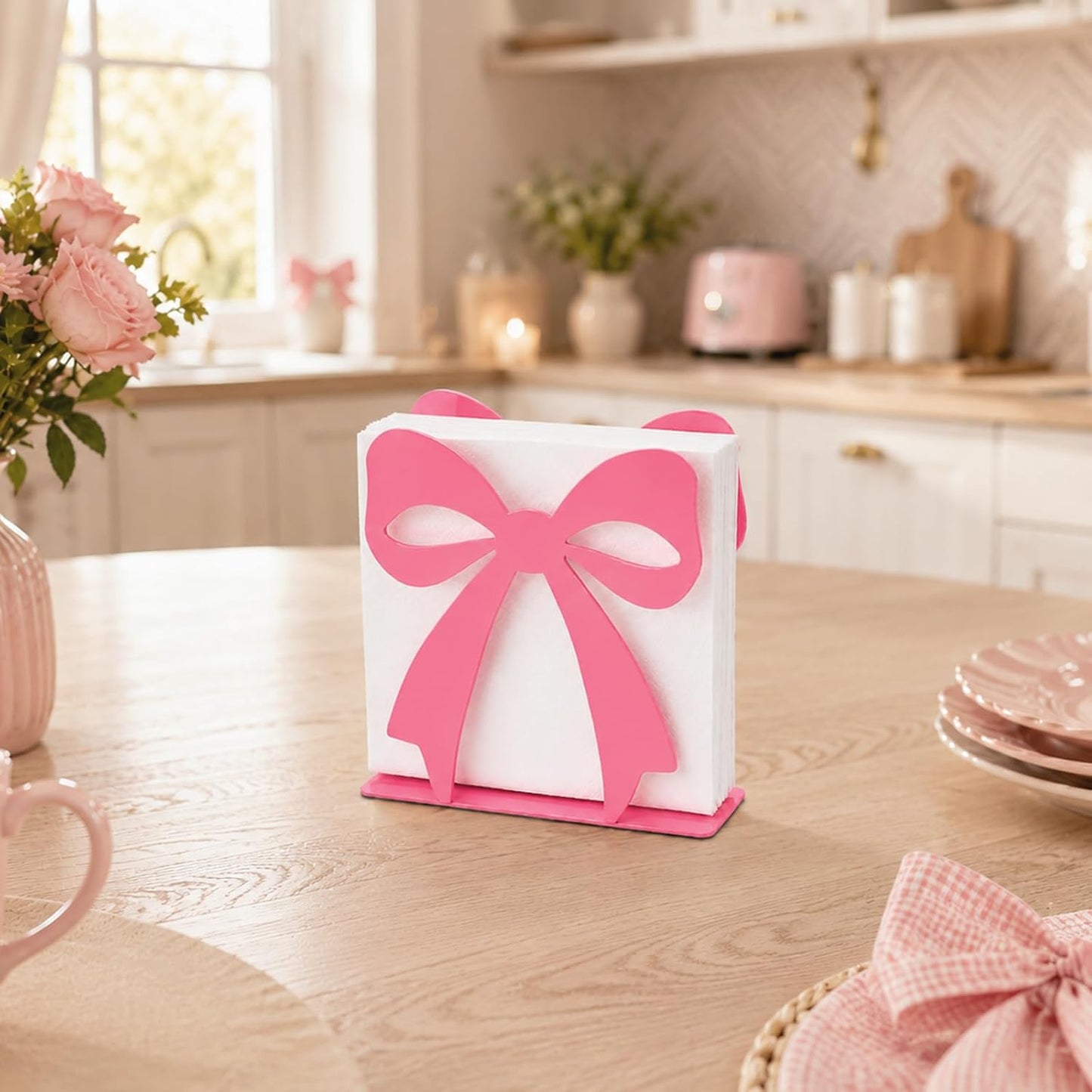 OYEFLY Pink Bow Napkin Holder Metal Tabletop Tissue Organizer for Wedding Baby Shower Birthday Party Dining Room Kitchen Decorations(Pink)