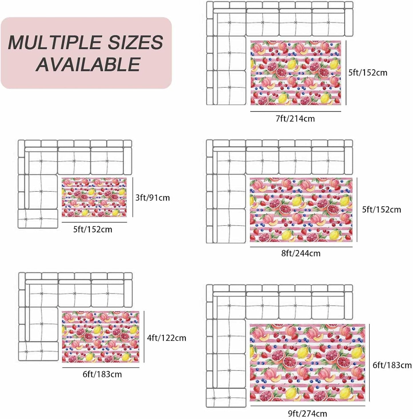 4x6ft Outdoor Rugs for Patio Summer Peach Lemon Grapefruit Non Shedding Outside Carpet, Blueberry Strawberry Pink Stripe Large Washable Area Rug Pads for Backyard Balcony Indoor Living Room