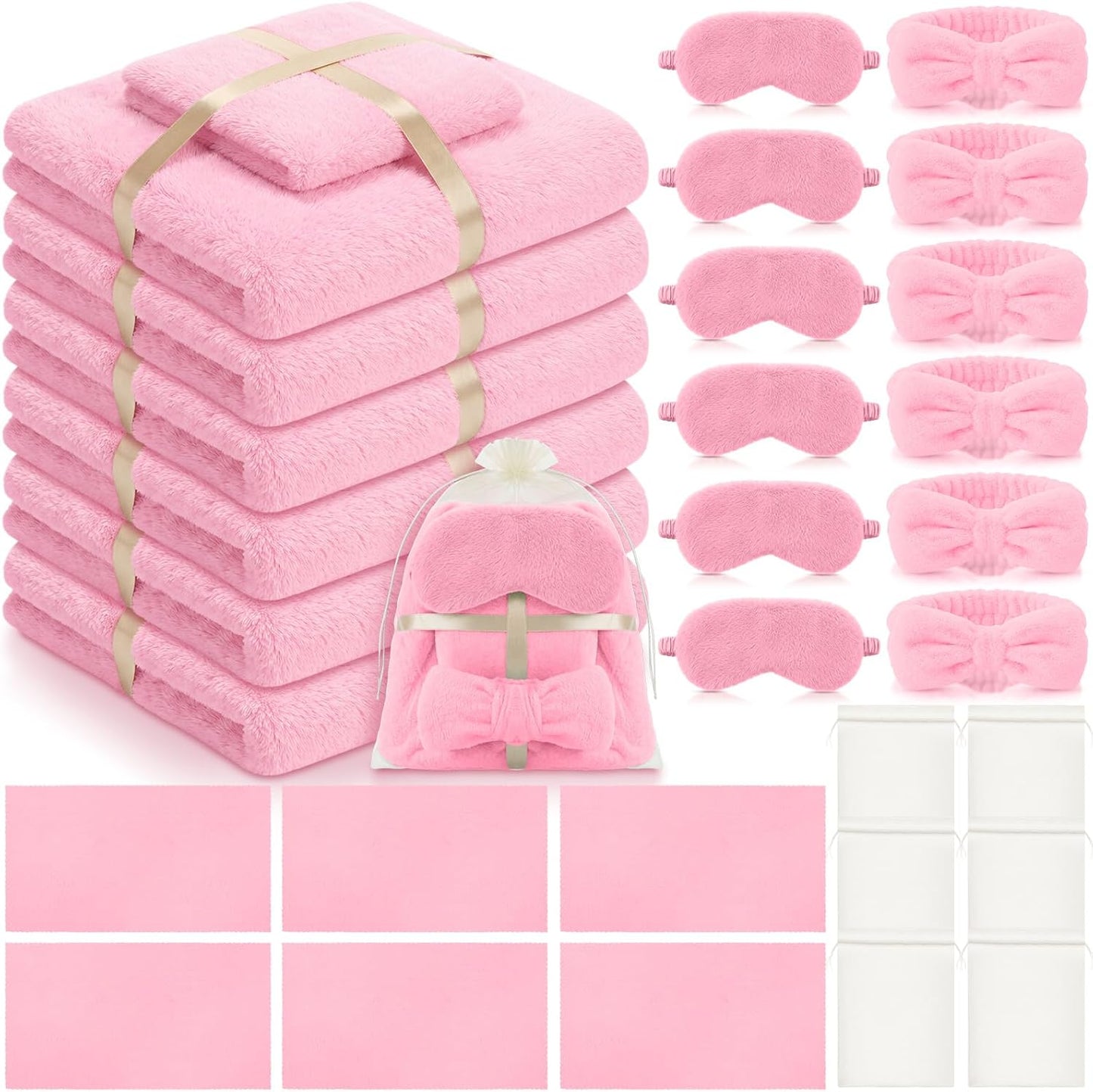 Tigeen 24 Pcs Sleepover Party Supplies for Girls Include 6 Bath Towels 6 Towels 6 Bow Spa Headband 6 Sleep Eye Mask with Mesh Bags for Spa Slumber Bachelorette Wedding Birthday Party(Pink)