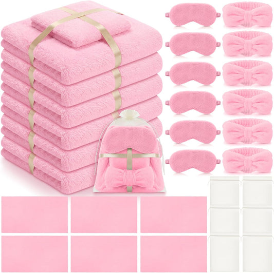 Tigeen 24 Pcs Sleepover Party Supplies for Girls Include 6 Bath Towels 6 Towels 6 Bow Spa Headband 6 Sleep Eye Mask with Mesh Bags for Spa Slumber Bachelorette Wedding Birthday Party(Pink)