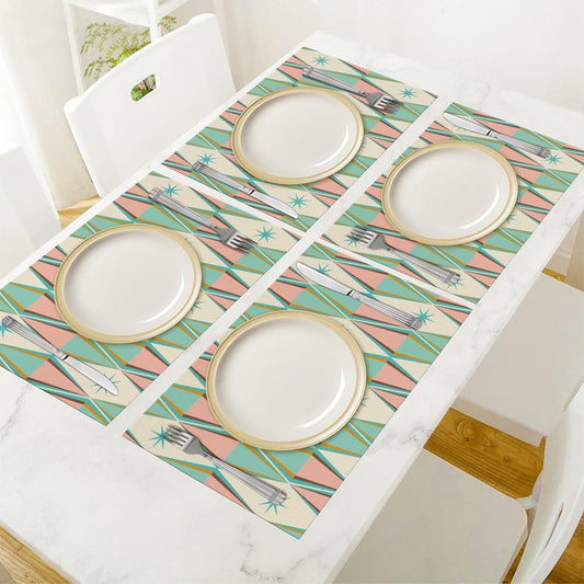 Mid Century Abstract Placemat Set of 6, 12x18 Inch Retro Pink Green Atomic Star Geometric Pattern 1950s Groovy Modern Style Coffee Table Mats for Outdoor Farmhouse Kitchen Dining Table Decoration