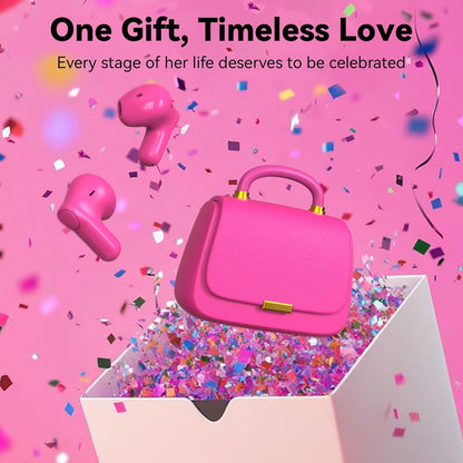 ANCwear Cute Pink Wireless Earbuds for Girls, Bluetooth 5.3 Ear Buds with Mini Handbag Charging Case, DIY Stickers, 22H Battery Life, Fashion Gift for Women Teens, Rose Pearl