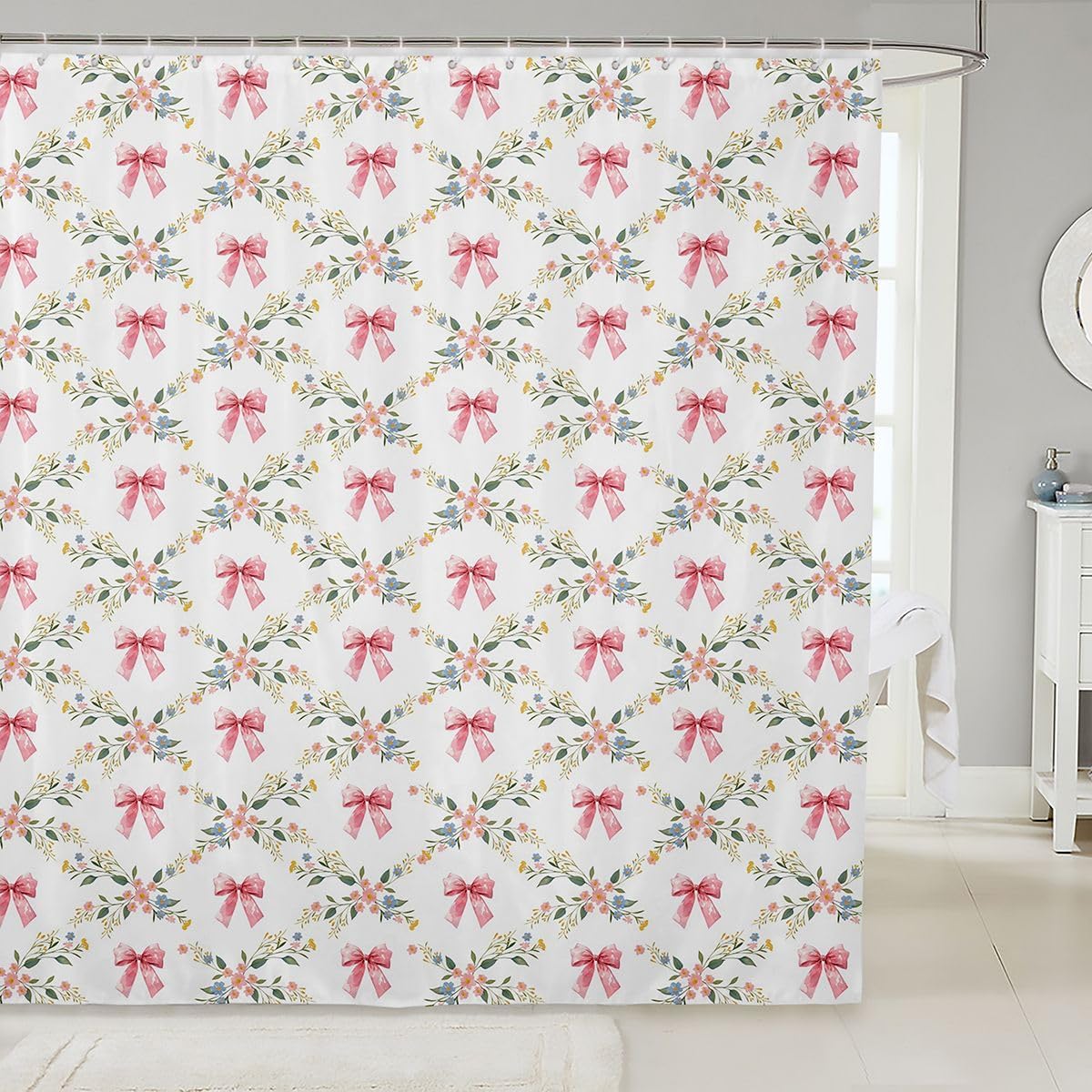 Erosebridal Pink Bow Shower Curtain | Garden Abstract Blooming Bathroom Shower Curtain Sets Coquette Bow Waterproof Bathroom Curtains Dreamy Princess Style Bath Curtain 72" Wx72 L