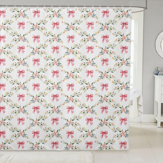 Erosebridal Pink Bow Shower Curtain | Garden Abstract Blooming Bathroom Shower Curtain Sets Coquette Bow Waterproof Bathroom Curtains Dreamy Princess Style Bath Curtain 72" Wx72 L