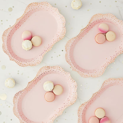 Sparkle and Bash 24-Pack Pink Disposable Serving Trays, Gold Foil Polka Dotted Party Platters for Wedding, Birthday, Tea Party, Brunch Decorations, Table Centerpiece, Home Decor (9x13 in)