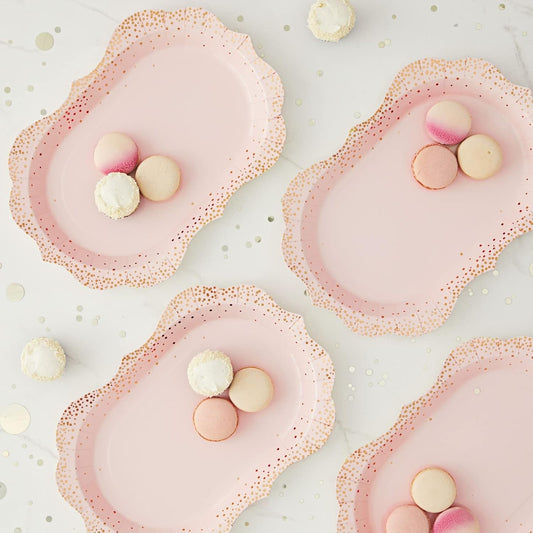 Sparkle and Bash 24-Pack Pink Disposable Serving Trays, Gold Foil Polka Dotted Party Platters for Wedding, Birthday, Tea Party, Brunch Decorations, Table Centerpiece, Home Decor (9x13 in)