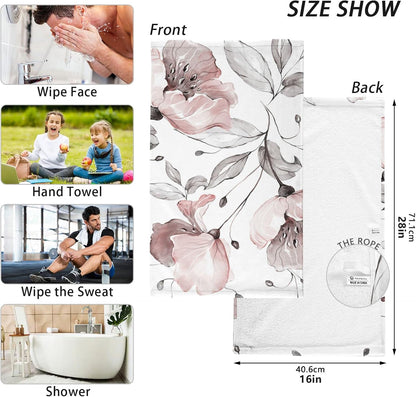ALAZA Pink Rose Flower Gray Leaves Hand Towels for Bathroom Set of 2 Soft 100 Percent Cotton Towel Luxury Decorative Bath Towels Highly Absorbent Face Towel 16" X 28"