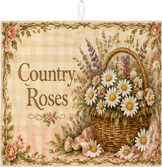 Country Floral Dish Drying Mats for Kitchen Counter, Vintage Peach Absorbent Dish Drainer Rack Mat, Spring Rustic Microfiber Drying Pad 16x18 Inch