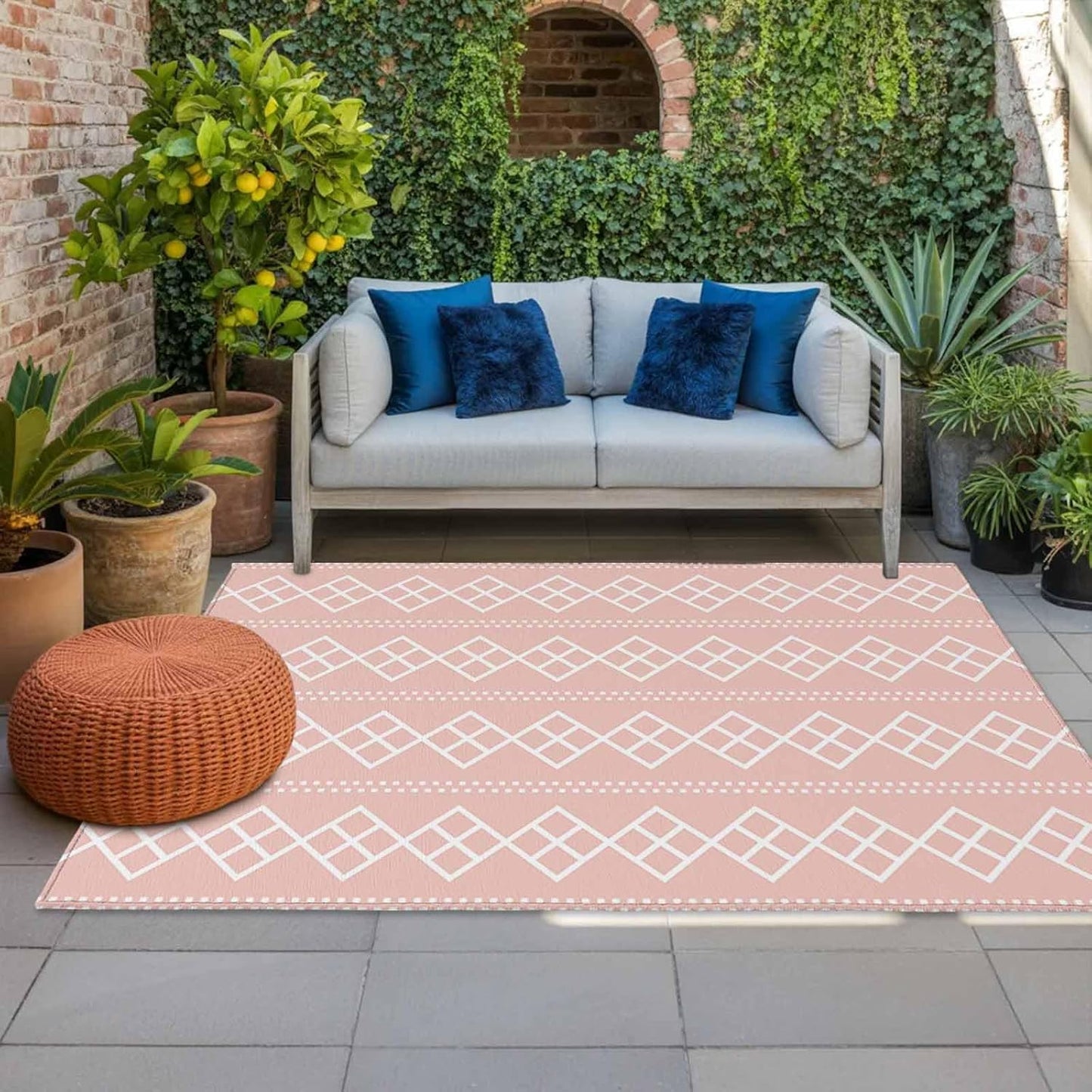 Peach Pink Checkered Outdoor Rug 6 x 9 Ft, Abstract White Geometric Argyle Stripe Outdoor Patio Rugs Mat Washable Outside Area Rugs Carpet for Porch Deck RV Camping Pool Balcony Backyard