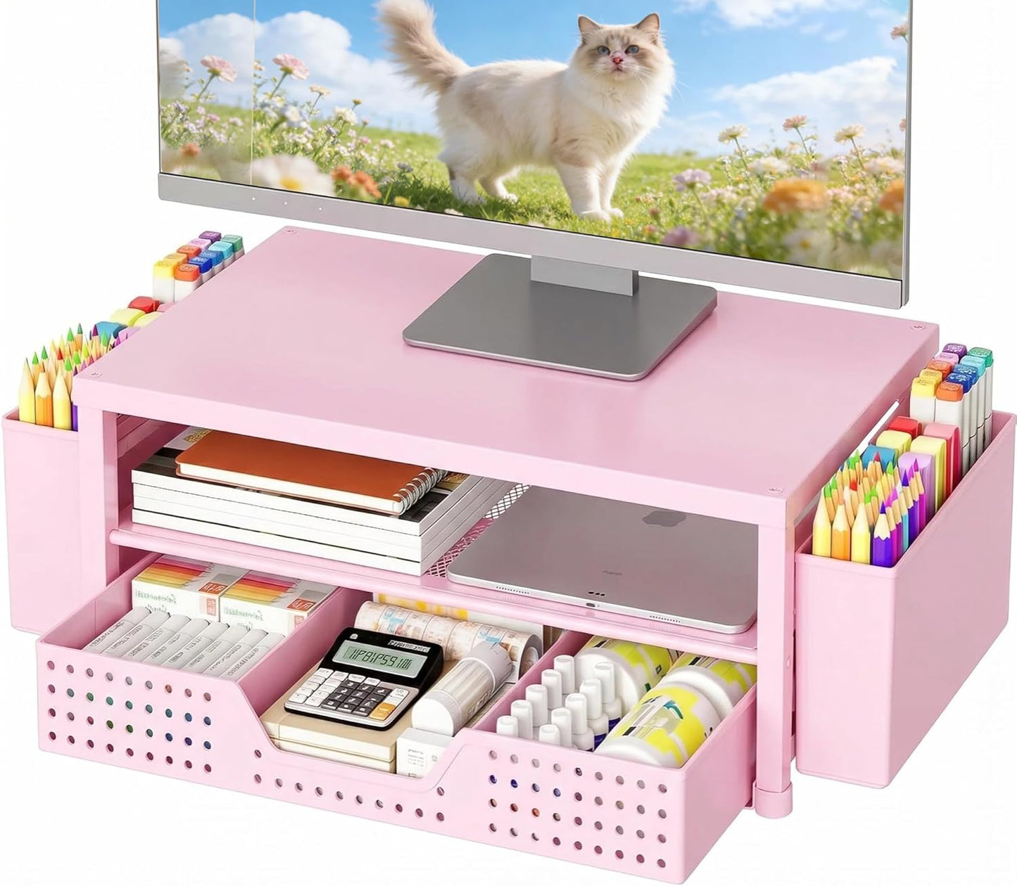 OPNICE Desk Organizers and Accessories, 2-Tier Computer Monitor Stand Riser with Drawer and 2 Pen Holders, Laptop Stand, Office Desk Accessories for Office Supplies, Pink
