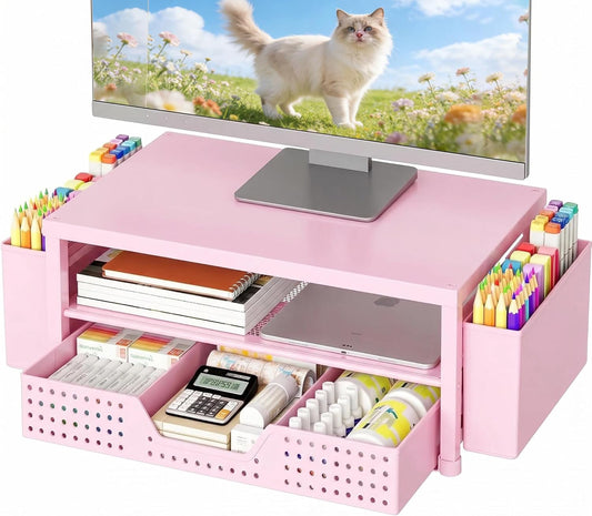 OPNICE Desk Organizers and Accessories, 2-Tier Computer Monitor Stand Riser with Drawer and 2 Pen Holders, Laptop Stand, Office Desk Accessories for Office Supplies, Pink