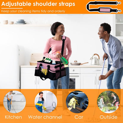 Wearable Cleaning Caddy Bag, Organizer Tote for Cleaning Supplies with Handle & Shoulder Straps, Built-in Sturdy Support Board, Under Sink & Car Cleaning Tool Organizers Bag for Housekeeper (Pink)