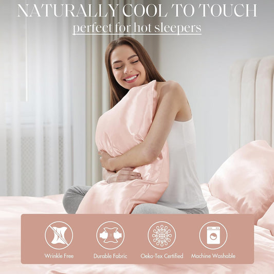 Madison Park Essentials Set of 2 Satin Pillowcase for Hair & Skin, Luxuriously Soft, Silky with Natural Sheen Luster, Cool to Touch, Wrinkle-Free, Machine Washable, Standard Blush 2 Piece