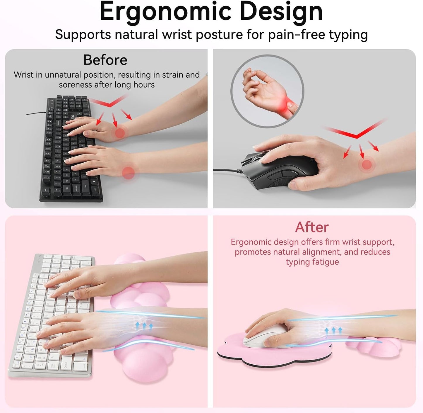 Sushret Cloud Wrist Rest for Computer Keyboard, 4-in-1 Memory Foam Leather Cloud Keyboard Wrist Rest and Mouse Pad Set with Ergonomic Support for Arm and Palm Cushion, Gaming/Work Setup, Pink