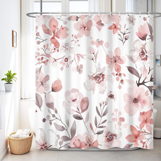 Renaiss 72 x 72 Inch Pink Flower Shower Curtain Set Light Pink Watercolor Floral Shower Curtains for Bathroom Modern Abstract Ink Painting Decorative Curtain Waterproof Fabric with Plastic Hooks