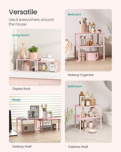 SONGMICS Cabinet Organizer Shelf, Set of 2 Kitchen Counter Shelves, Kitchen Storage, Spice Rack, Stackable, Expandable, Metal and Engineered Wood, 11.7 Inches, Jelly Pink UKCS020S01