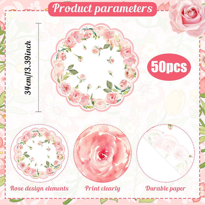 50 Pack Paper Placemats Disposable Pink Rose Floral Wedding Disposable Placemats Round Place Mats Spring Summer Table Mats for Birthday Wedding Anniversary Bride Party Supplies 13.7 Inch