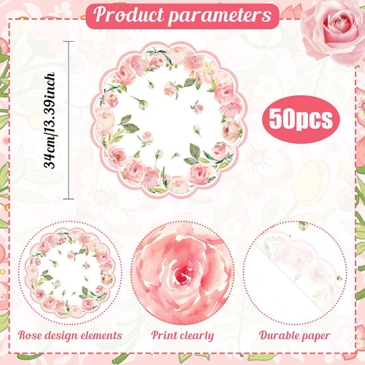50 Pack Paper Placemats Disposable Pink Rose Floral Wedding Disposable Placemats Round Place Mats Spring Summer Table Mats for Birthday Wedding Anniversary Bride Party Supplies 13.7 Inch