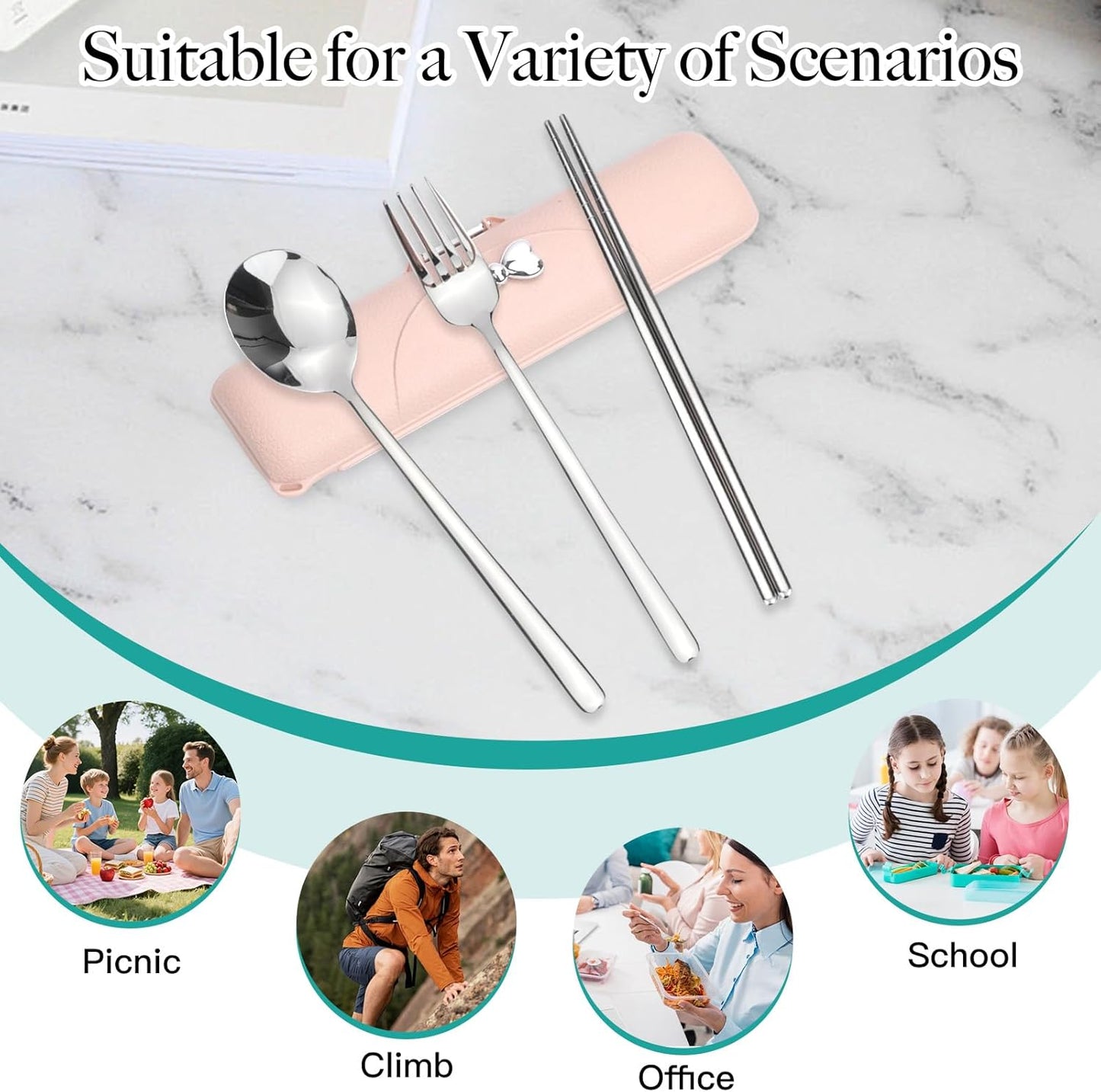 Travel Utensils with Case, Reusable Silverware Set for Lunch Box，Portable Cute Cutlery Set Adult, 18/8 Stainless Steel Spoon Fork Chopsticks for Work, Camping, Picnic, Dishwasher Safe（Pink）