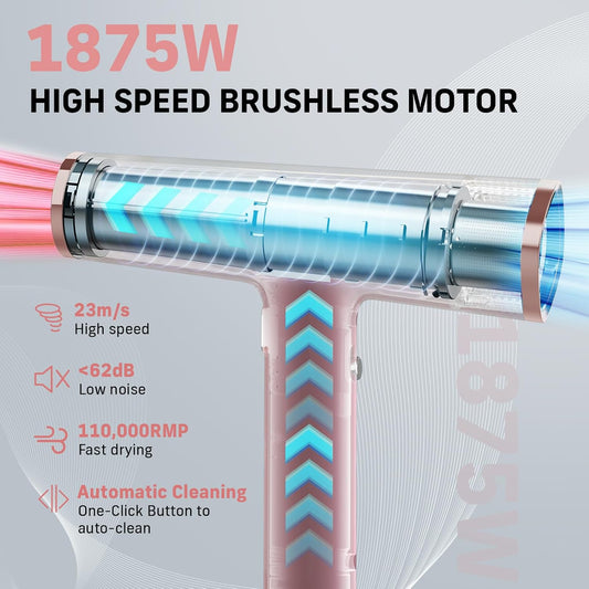 Quico Hair Dryers for Women, 7X Faster BLDC Motor, Quiet 1875W 110,000 RPM 2 Billion Negative Ionic Salon Blow Dryer with Diffuser, Adjustable Temp & Speed, Portable Hair Dryer for Home Travel, Pink