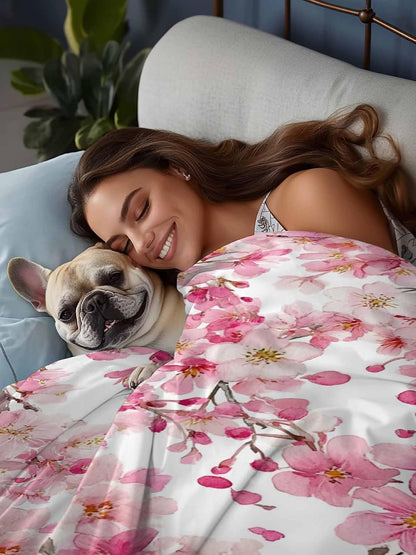 Spring Peach Flowers Full Size Sheets - Hotel Quality Full Flat Sheet Only 1 Pack, Pink Botanical Floral Leaves Branch Soft Bed Sheet Brushed Microfiber Bedding Top Sheets for Home Dorm