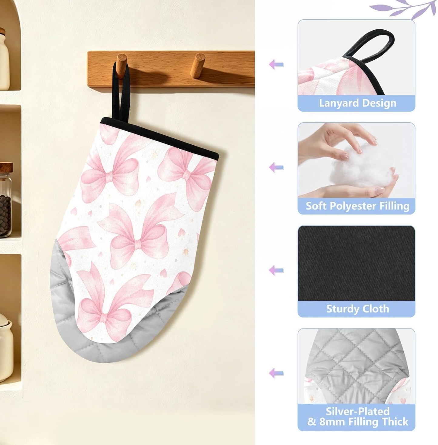 Watercolor Bows Pink Non-Slip Oven Mitts Set Heat Resistant Kitchen Gloves with Quilted Liner Cotton Machine Washable with Hanging Loop for Baking Grilling BBQ