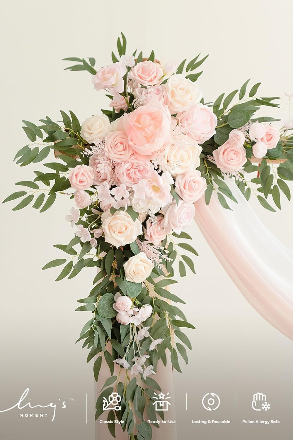Ling's Moment Pink White Artificial Wedding Arch Flowers Kit Pack of 4, 2pcs Hanging Flower Arrangement 2pcs Chiffon Drapes Ceremony Reception Silk Rose Arbor Backdrop Floral Garden Outdoor Decoration