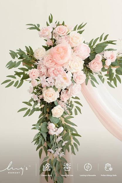 Ling's Moment Pink White Artificial Wedding Arch Flowers Kit Pack of 4, 2pcs Hanging Flower Arrangement 2pcs Chiffon Drapes Ceremony Reception Silk Rose Arbor Backdrop Floral Garden Outdoor Decoration