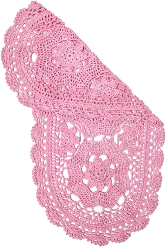Oval Lace Doilies Width 9" to 11", Length 22" to 23" Handmade Crochet Thanksgiving Table Runner Flower Kitchen Placemats (Pink, 1)