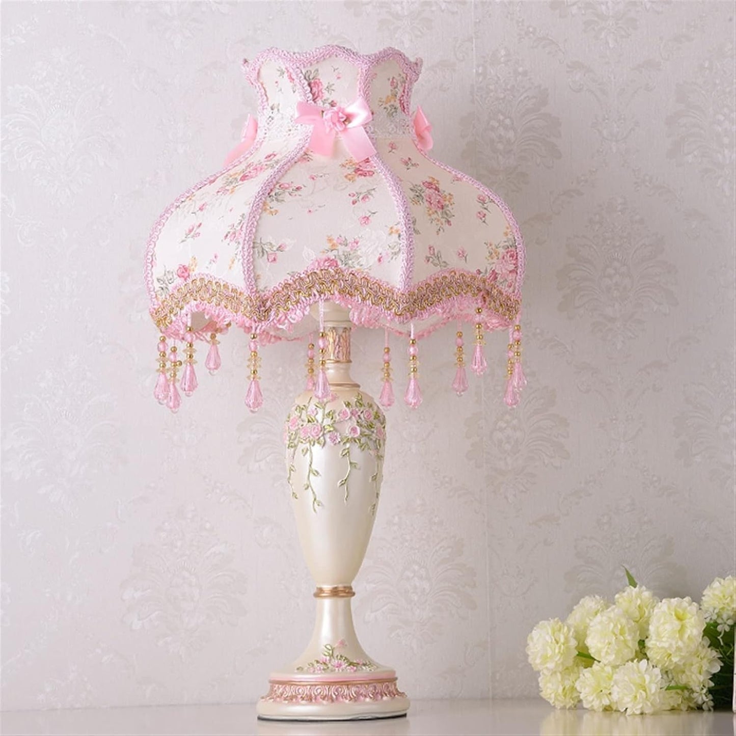 Bedroom Nightstand Princess Pink Table Lamp Handmade Victorian Lace Fabric Lampshade Resin Flower Carved Base