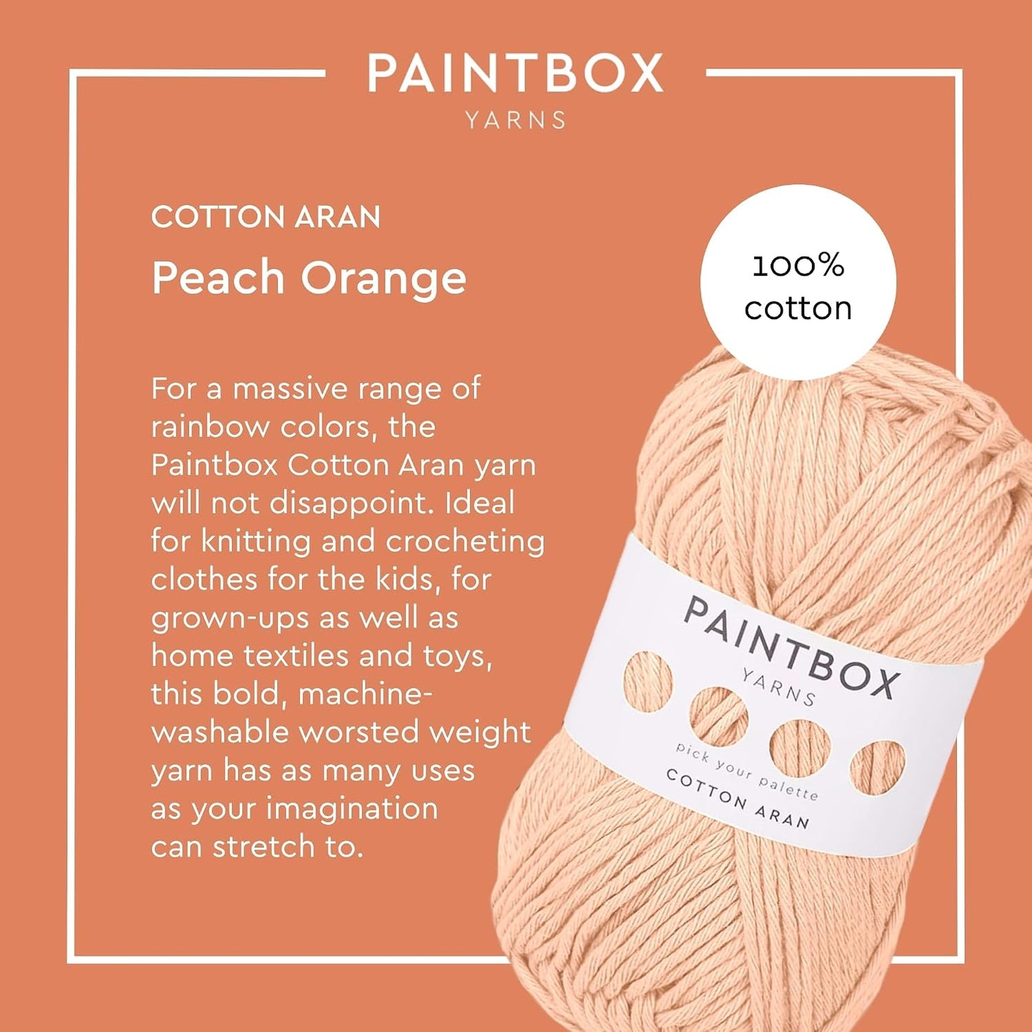 Paintbox Yarns 100% Cotton Aran Yarn 1.76oz (50g), 93 Yards (85m) - Peach Orange Worsted Wool for Crochet, Knitting - Soft, Lightweight for Sweater, Clothes