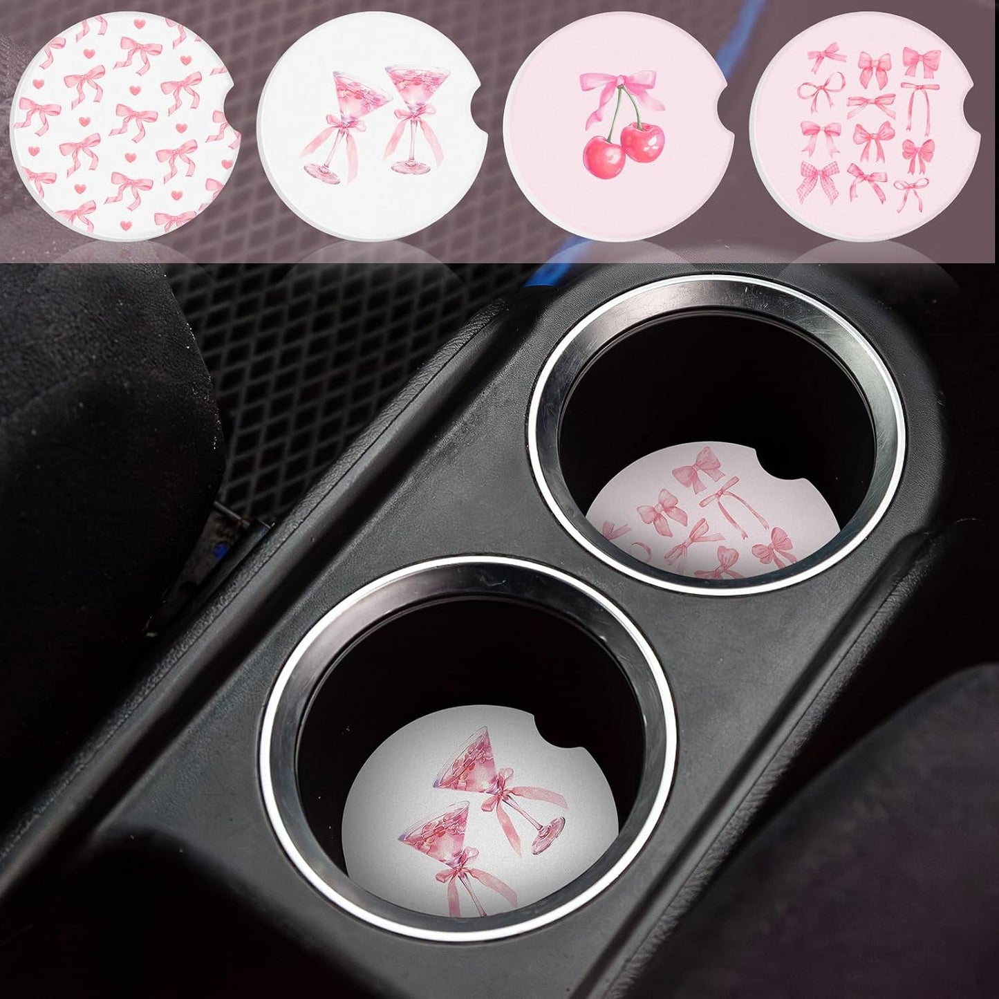 Boao 4 Pcs Car Cupholder Coasters for Valentine's Day, Ceramic Coasters 2.56'' Anti Slip Base with Finger Notch for Dry Clean, Car Interior Accessories, Birthday Gifts(Pink Bow)