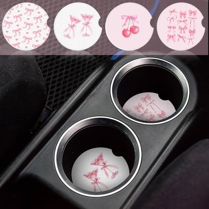 Boao 4 Pcs Car Cupholder Coasters for Valentine's Day, Ceramic Coasters 2.56'' Anti Slip Base with Finger Notch for Dry Clean, Car Interior Accessories, Birthday Gifts(Pink Bow)
