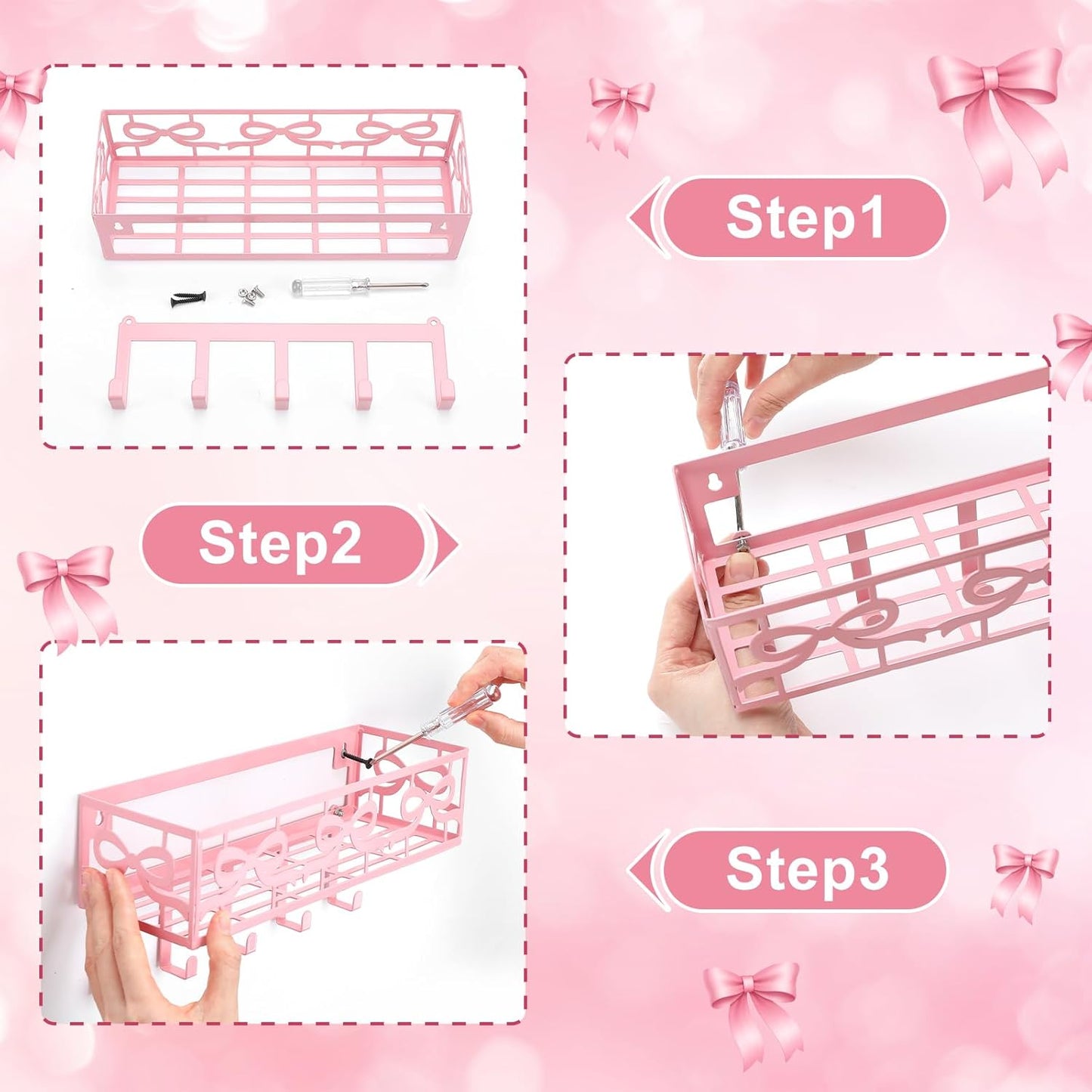 Hicarer Pink Bow Key Holder Wall Mount with Basket and 5 Hooks Decorative Cute Coquette Bow Hooks Hanger Pink Key and Mail Organizer Coquettish Preppy Decor for Entryway Home Apartment Dormitory