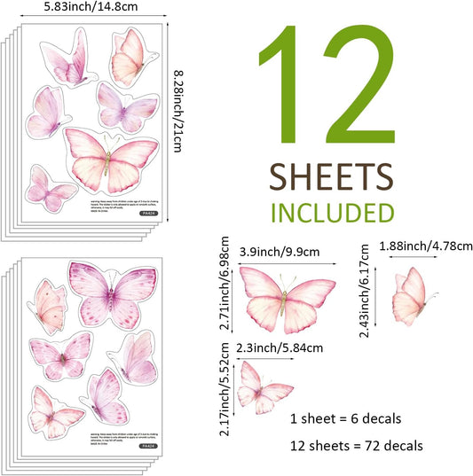 Watercolor Butterfly Wall Decals Peel and Stick, Wall Stickers for Girls Room, Pink Butterfly