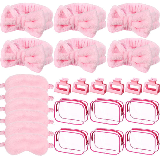 24pcs Sleepover Party Supplies for Woman Spa Slumber Party Favors Spa Headband Plush Sleep Eye Mask Hair Claw Clips Clear Cosmetic Bags for Weekend Trip Graduation Gifts(Pink)