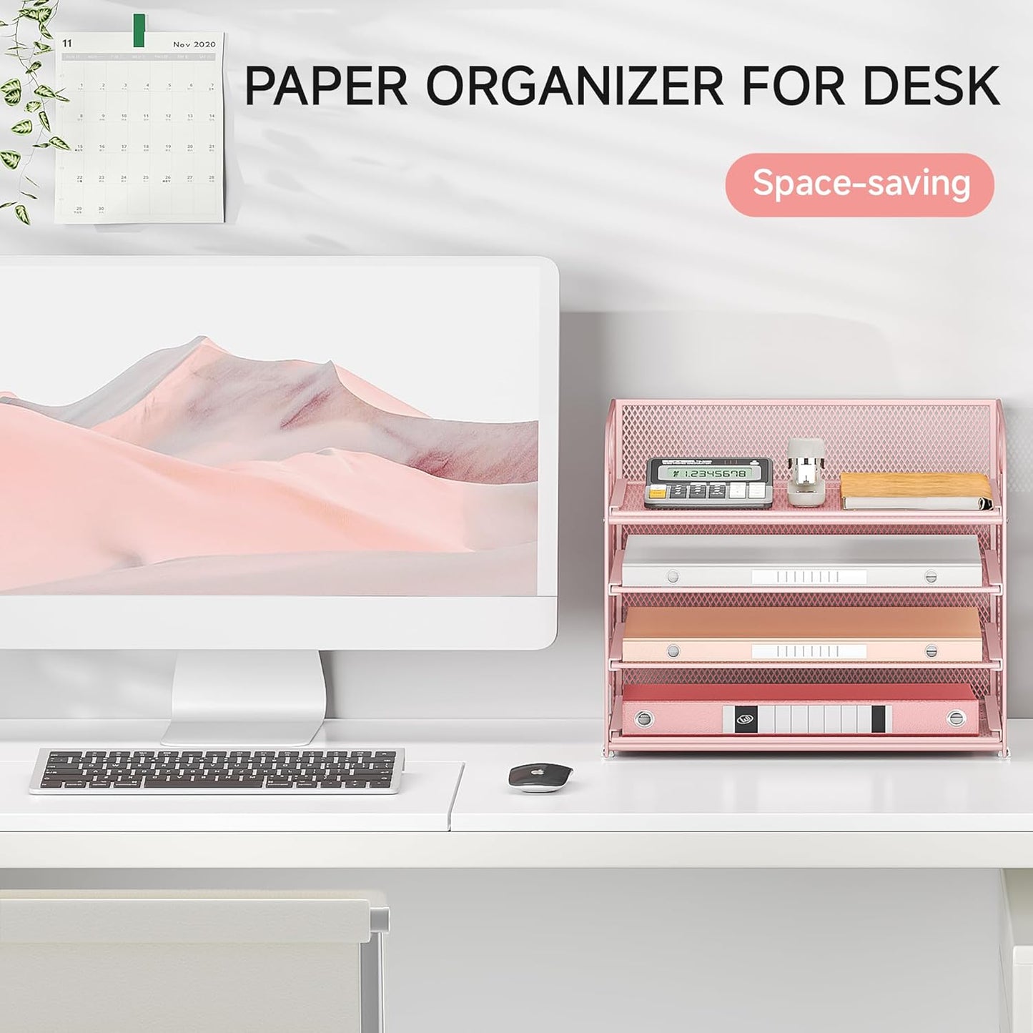 4-Tier Paper Organizer for Desk With Handle, Mesh Desktop File Tray, Office Classroom Organization and Storage - Pink