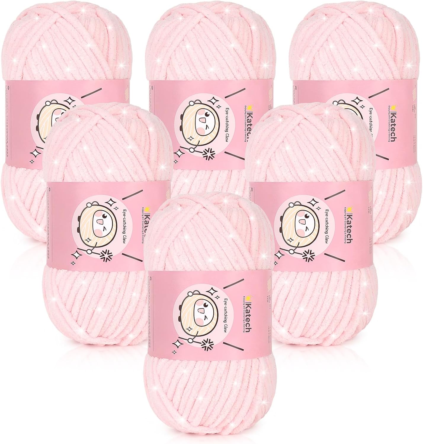 Katech Velvet Chenille Yarn for Crocheting-6 Pack of 100g/3.53oz-#6 Super Bulky Sparkle Chenille Yarn for Knitting, Chunky Plush Baby Blanket Yarns, Ideal for Blankets, Dolls, Bags (Pale Pink)