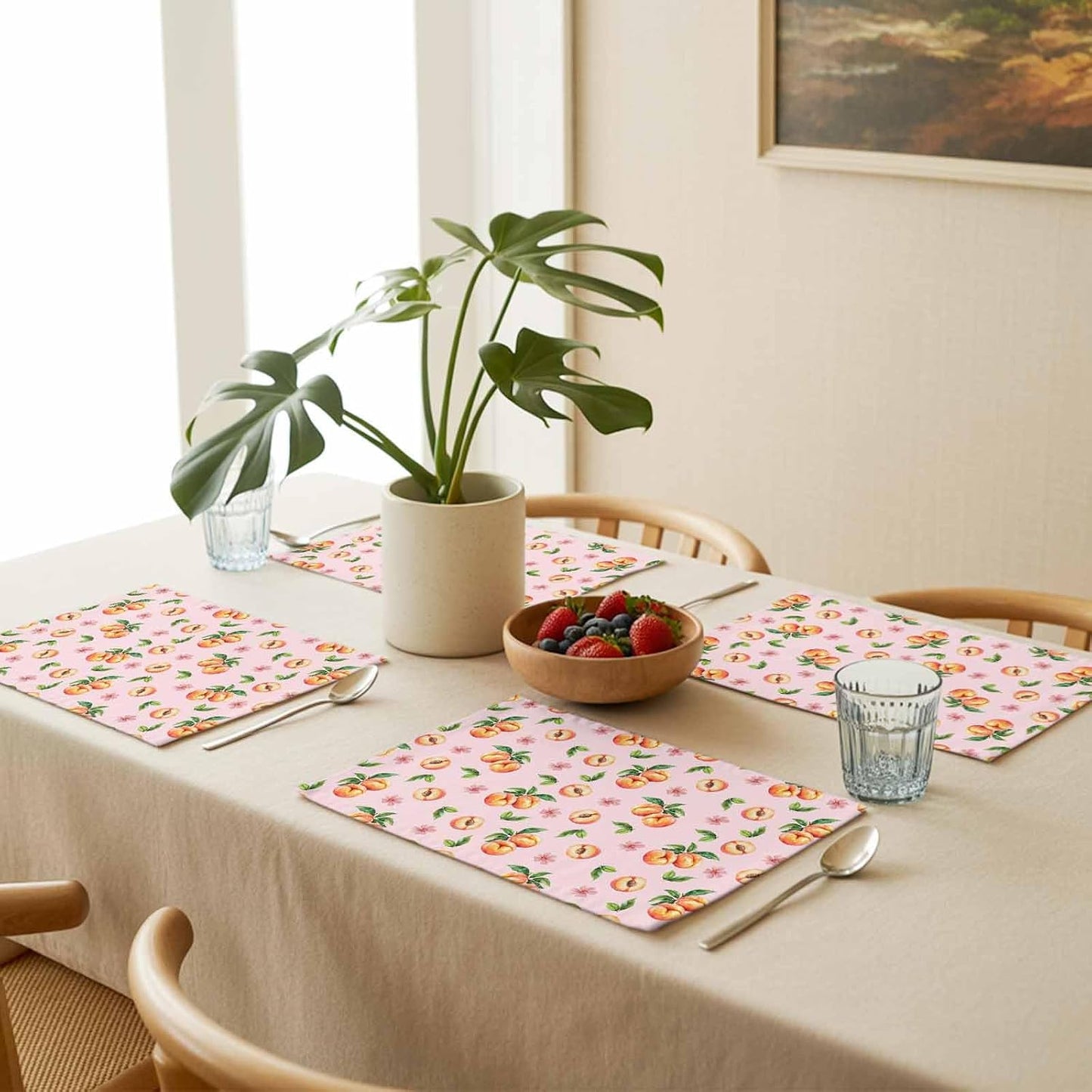 Pink Peaches Placemat Set of 6 Non-Slip Placemats for Dining Table Flowers Summer Fruit Washable Table Mats, Heat Resistant Kitchen Table Mats for Party, Dining Room & Home Decor