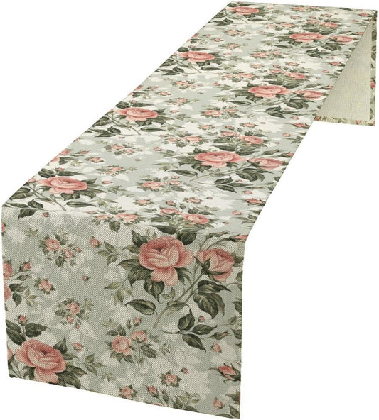 Rose Floral Table Runner, Green Pink Rose Leaf Classic Vintage Decorative Table Runner for Kitchen Dining Party Wedding Home Decor, 13x90 Inch