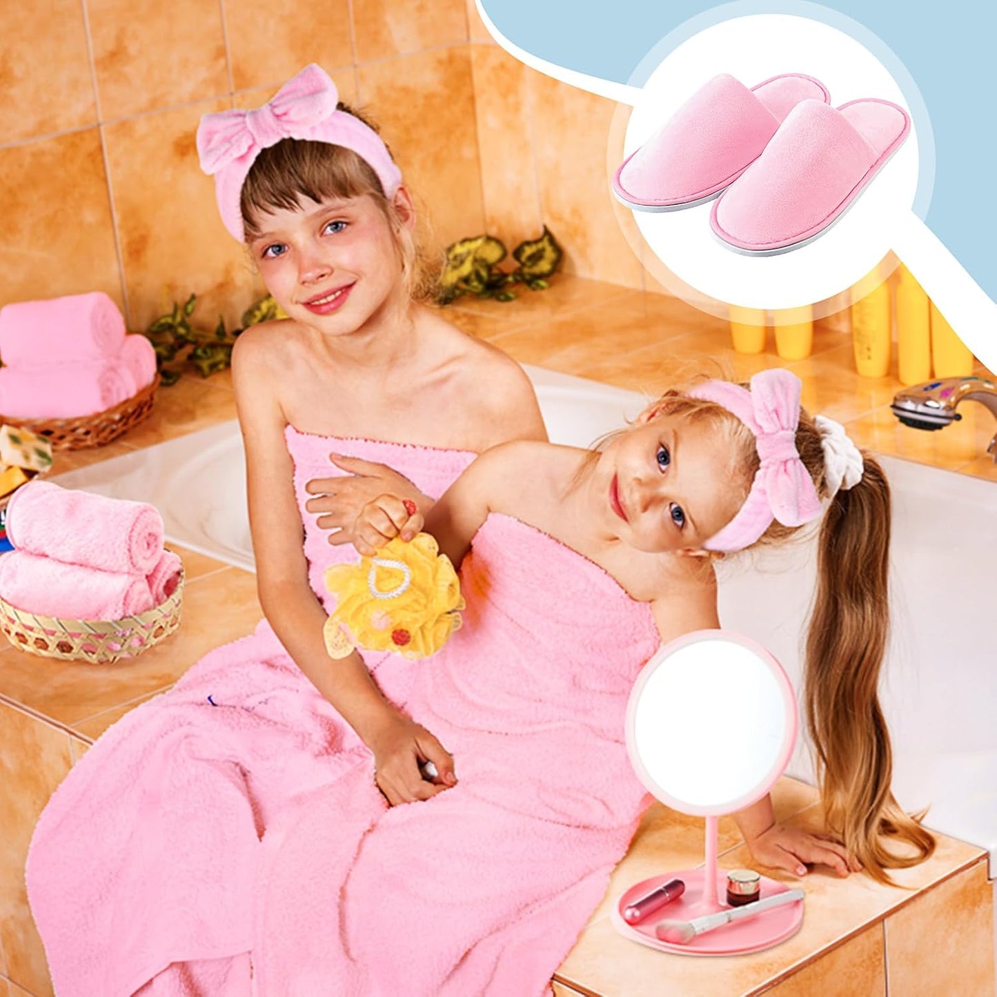 Twistover 24 Pcs Girls Spa Party Supplies for Kids Foot Spa Birthday Party Favors Include 6 Mirrors 6 Bow Headbands 6 Disposable Slippers 6 Towels for Sleepover Slumber Gifts