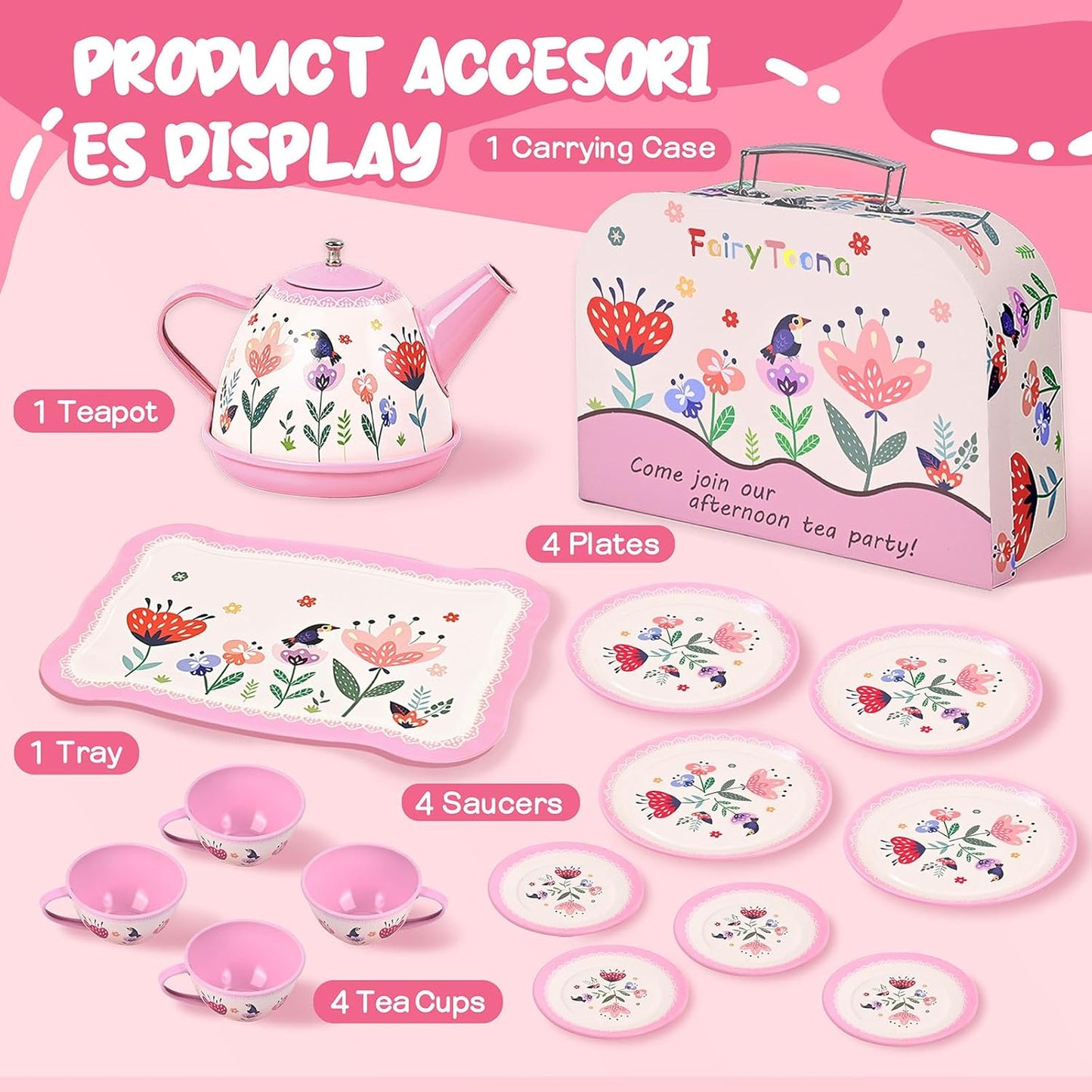 Floral Tea Party Set for Little Girls Ages 3-6, 15-Piece Pretend Play Kitchen Toys with Teapot, Cups, Plates & Storage Case, Princess Gift Set (Pink)