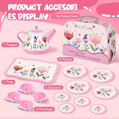 Floral Tea Party Set for Little Girls Ages 3-6, 15-Piece Pretend Play Kitchen Toys with Teapot, Cups, Plates & Storage Case, Princess Gift Set (Pink)