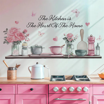 Kitchenware Utensil Shelf Wall Stickers, Pink Flower Butterfly Shelf Wall Decals Removable Vinyl Peel and Stick Kitchen Dining Restaurant Baking Room Bar Art Home Decorations