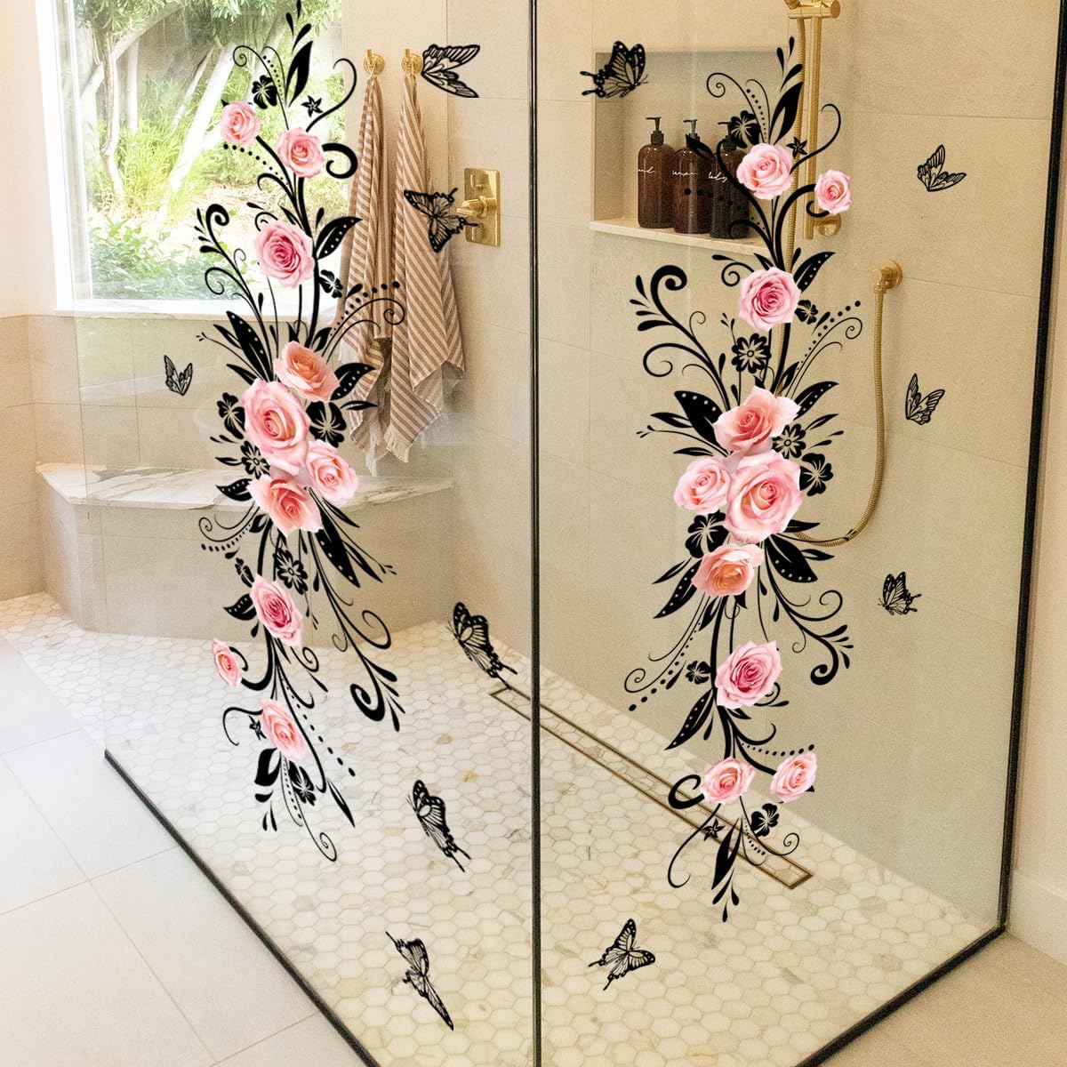 Elegant Pink Rose Wall Decals - Symmetrical Design, Easy Peel&Stick,Removable Wall Sticker,DIY Wall Decals Perfect for Kids Room,Living Room,Bathroom & Window Home Wall and Nursery Décor
