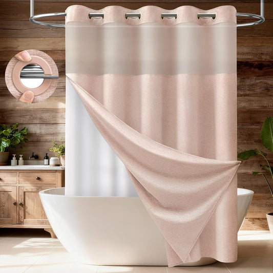 BTTN Pink Ringless Shower Curtain Set, Linen Textured Waterproof Fabric Shower Curtain with Snap in Liner, Machine Washable, Luxury Cute Cloth Shower Curtain for Bathroom with Mesh Top Window, 72x75